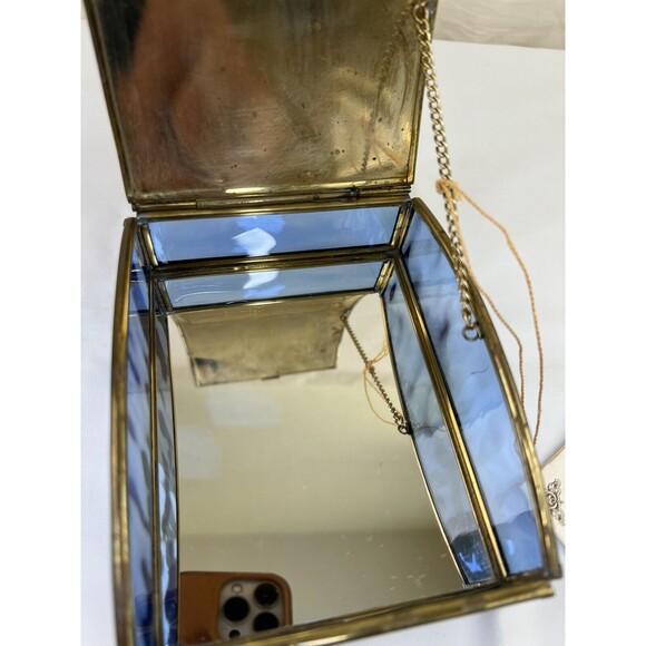 Vtg Via Vermont Sailboat Jewelry Trinket Box Cobalt Blue Glass Mirrored Brass - Picture 8 of 12
